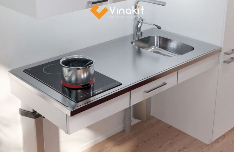 Mẫu tủ bếp mini với bồn rửa tích hợp công nghệ
