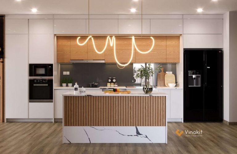 Mẫu tủ bếp gỗ công nghiệp cánh Acrylic Vinakit AV11