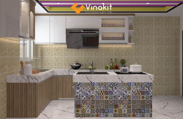 Kết hợp tủ bếp xây và tủ bếp đóng