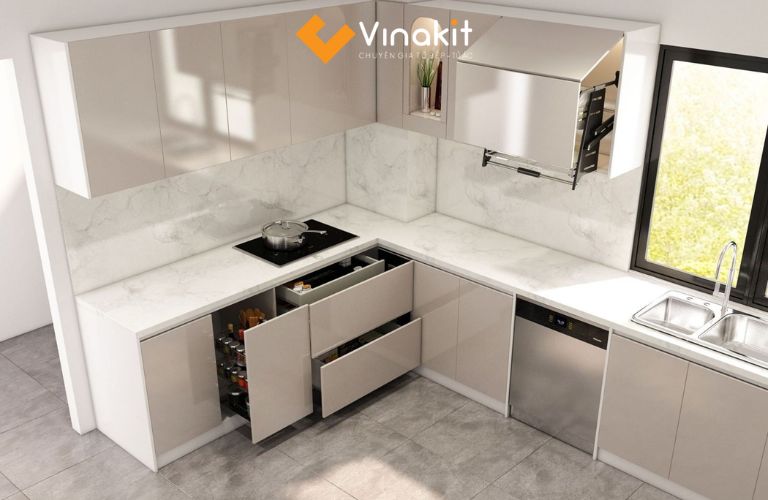 Mẫu tủ bếp dưới hiện đại tích hợp phụ kiện thông minh