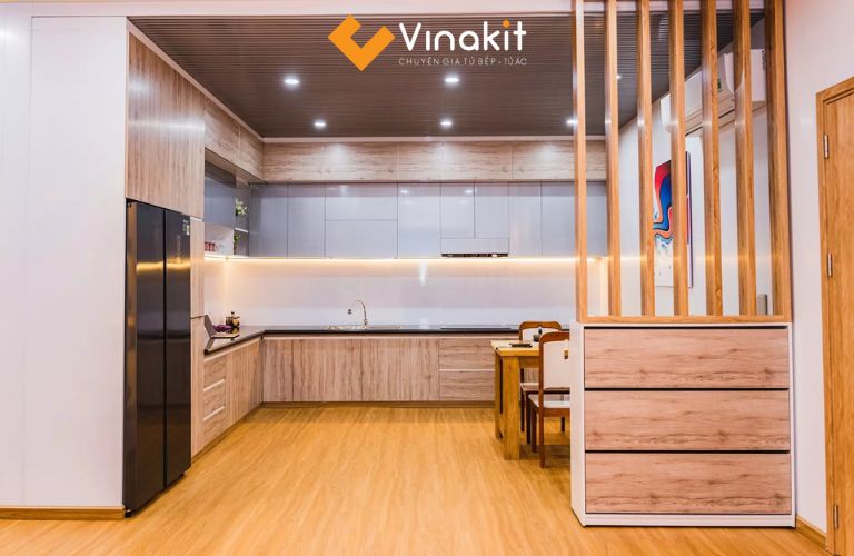 Tủ bếp nhôm giả gỗ thiết kế hiện đại
