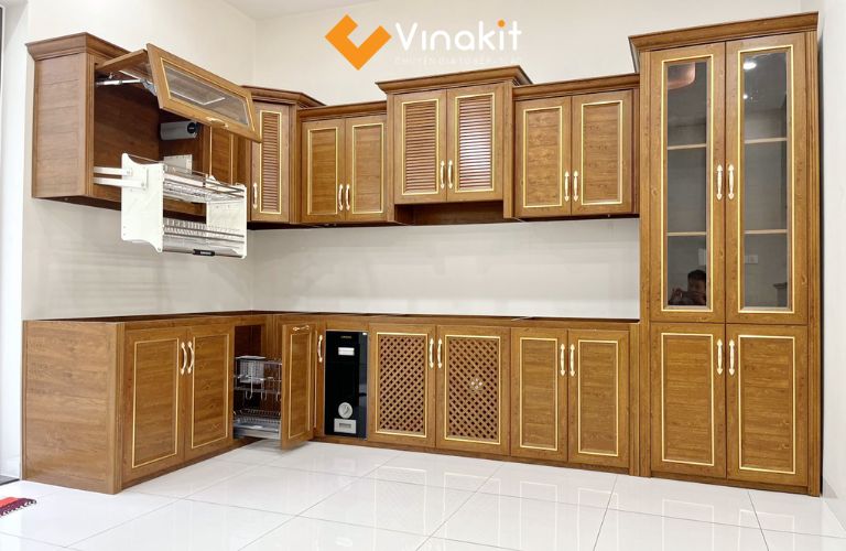 Tủ bếp nhôm giả gỗ sơn tĩnh điện