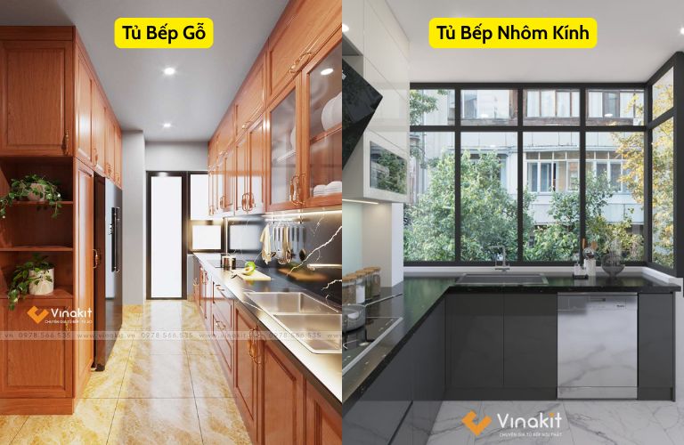 Nên làm tủ bếp bằng gỗ hay nhôm kính
