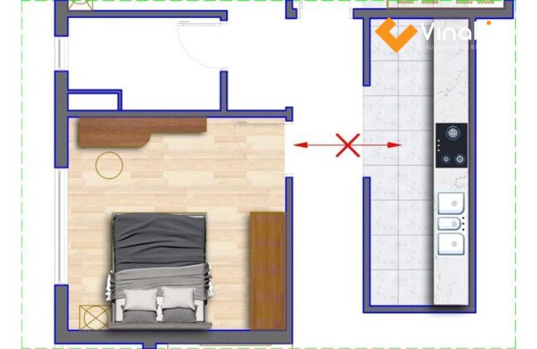 Cửa phòng ngủ đặt đối diện trực tiếp với bếp làm giảm chất lượng sinh khí trong phòng ngủ
