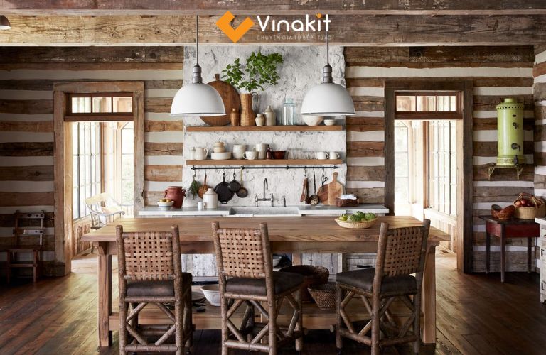 Khu vực bếp Rustic sử dụng gỗ tự nhiên