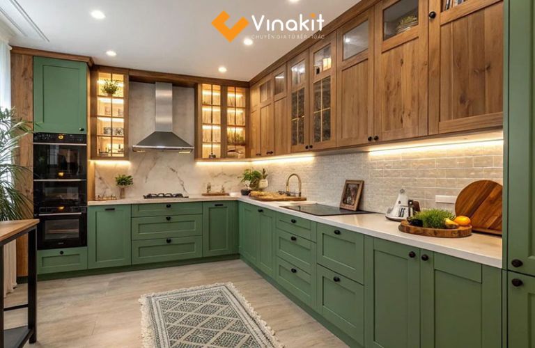 Tủ bếp Indochine màu xanh rêu cổ điển