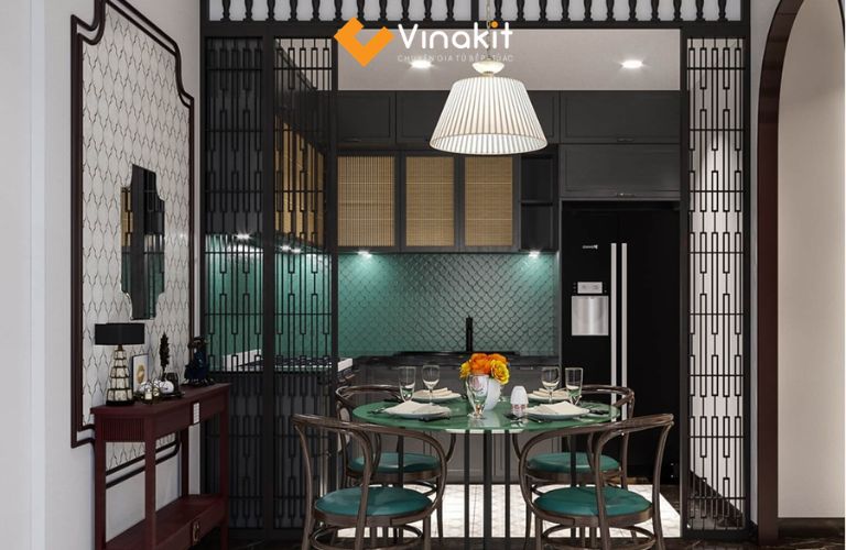 Tủ bếp Indochine kết hợp mây tre đan độc đáo