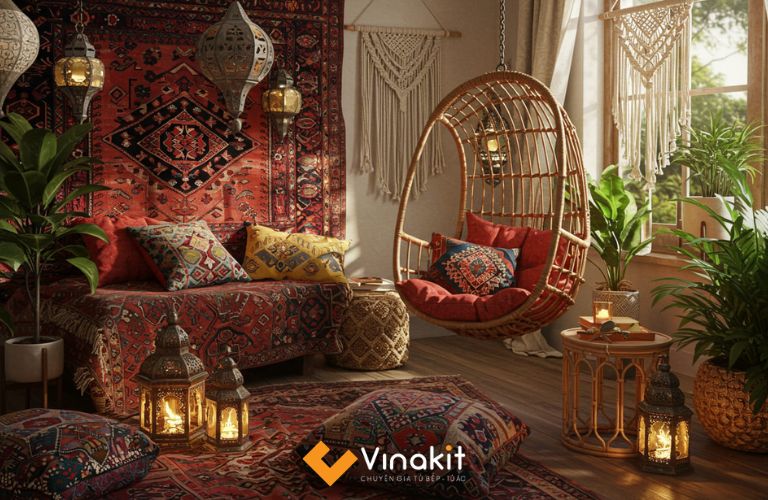 Không gian Bohemian với thảm thổ cẩm và đèn trang trí nghệ thuật