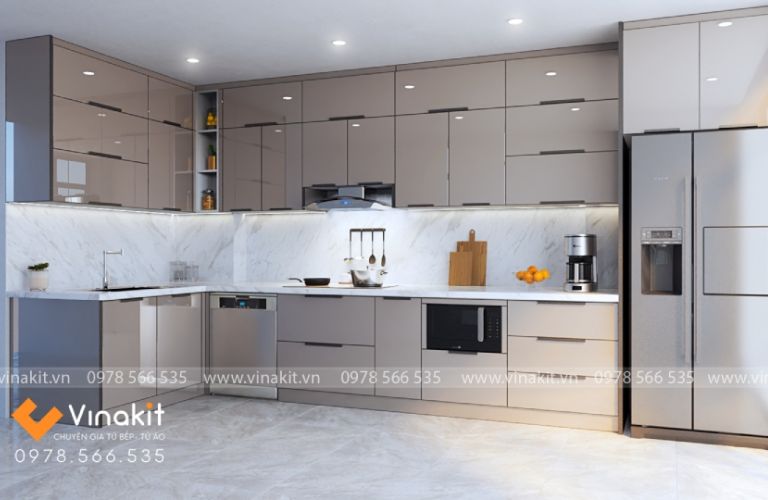 Tủ bếp nhôm tấm cánh kính cường lực CK16