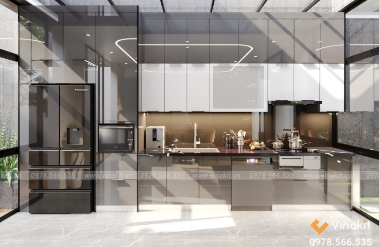 Tủ bếp nhôm tấm cánh kính cường lực CK12