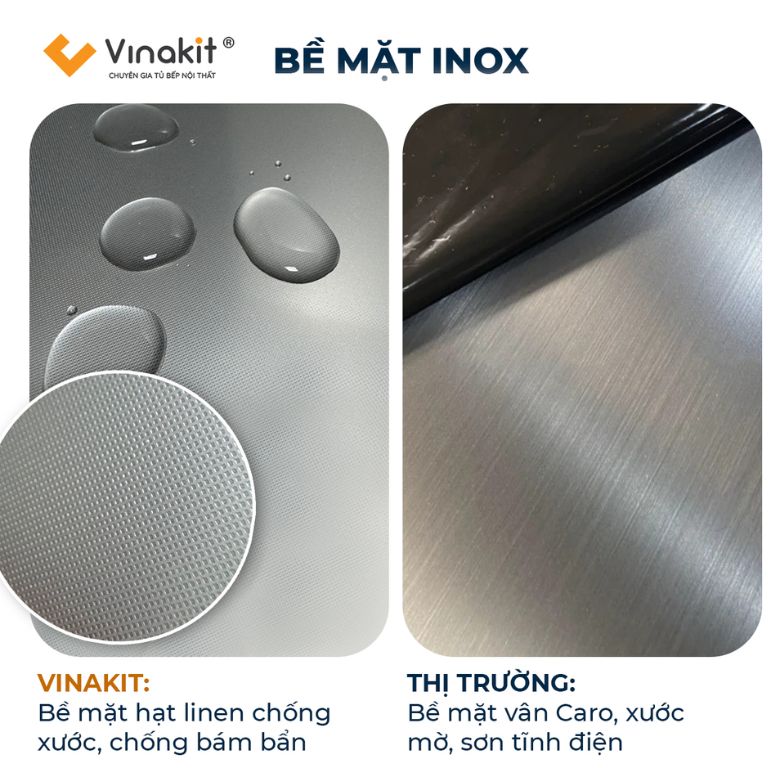 Bề mặt tủ bếp inox Vinakit được xử lý hạt Linen phủ nano