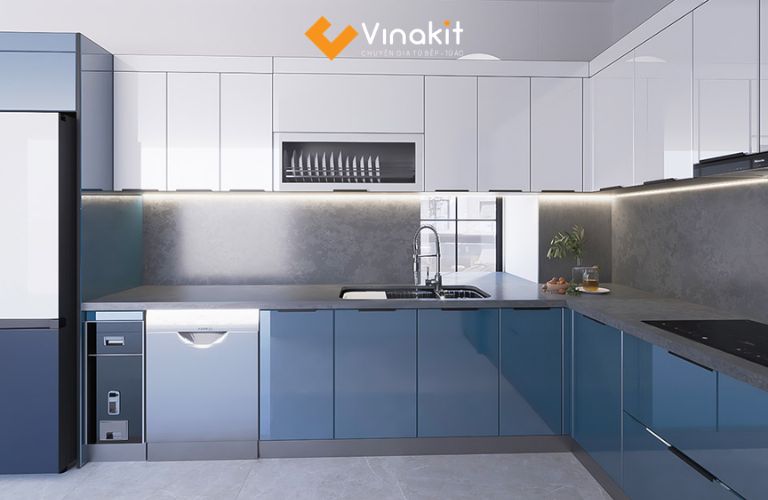 Mẫu tủ bếp inox cánh kính cường lực CK103