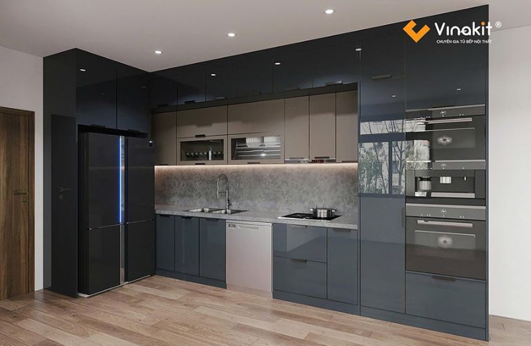 Mẫu tủ bếp Inox cánh kính cường lực CK101