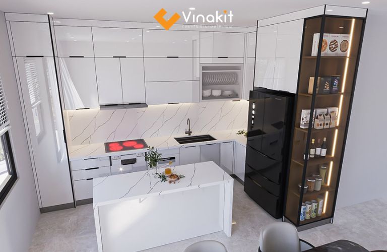 Mẫu tủ bếp Inox cánh kính cường lực CK98