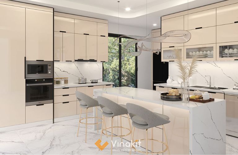 Mẫu tủ bếp inox cánh kính cường lực CK44