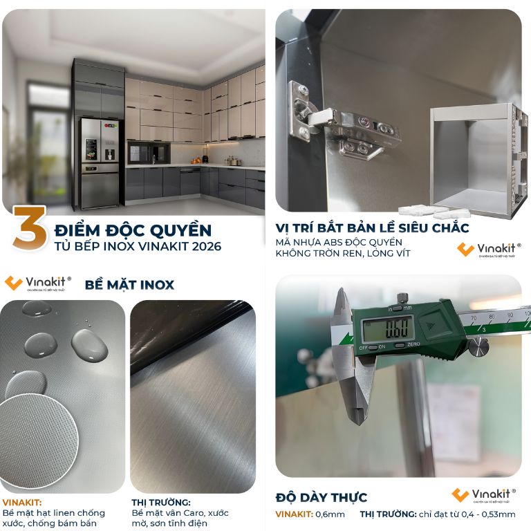 Các dòng tủ bếp Inox Vinakit 2026 có độ dày inox 0.6mm