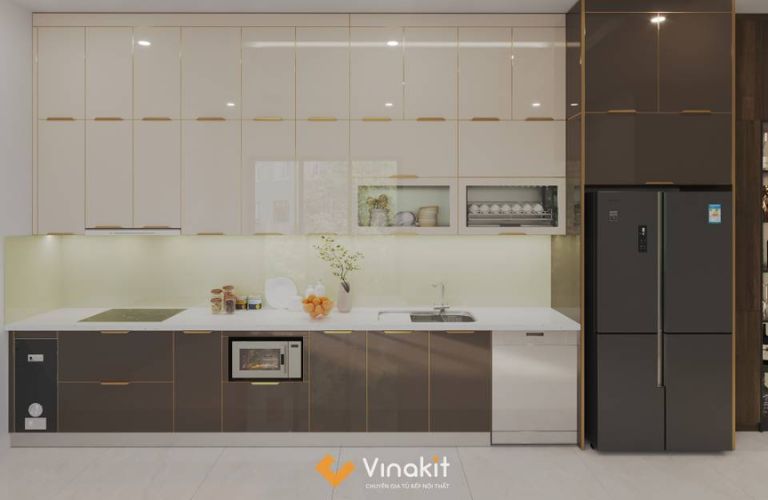 Mẫu tủ bếp Inox cánh kính cường lực CK91