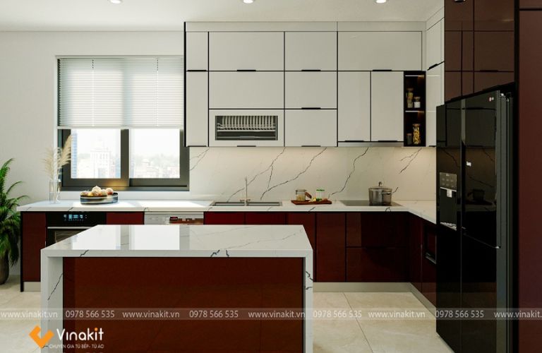 Mẫu tủ bếp inox cánh kính cường lực CK23