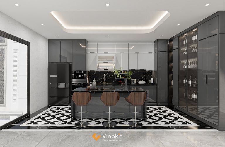 Mẫu tủ bếp inox cánh kính cường lực CK47