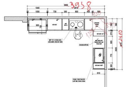 Bản vẽ 2D bố trí công năng tủ bếp acrylic hải phòng chữ L kịch trần