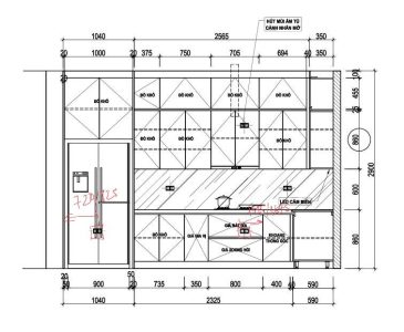 Bản vẽ 2D bố trí công năng tủ bếp acrylic hải phòng chữ L kịch trần