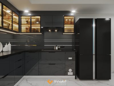 Bản vẽ thiết kế 3D tủ bếp inox cánh kính cường lực Hải Phòng
