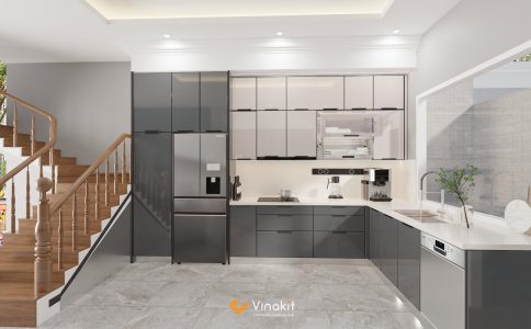 ản vẽ thiết kế 3D kỹ thuật của tủ bếp inox cánh kính cường lực