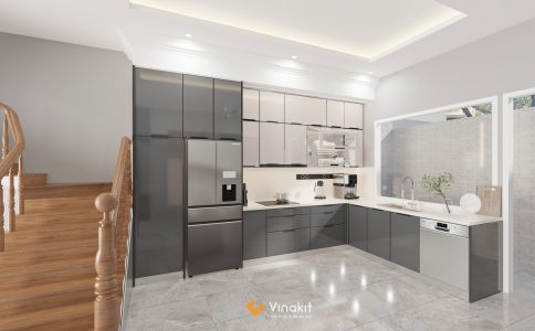ản vẽ thiết kế 3D kỹ thuật của tủ bếp inox cánh kính cường lực
