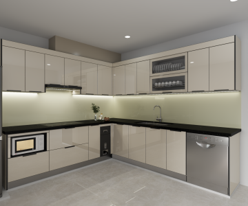 Bản vẽ thiết kế 3D tủ bếp Inox cánh kính màu be sang trọng nhà chị Tuyết.