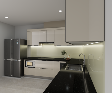 Bản vẽ thiết kế 3D tủ bếp Inox cánh kính màu be sang trọng nhà chị Tuyết.