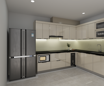 Bản vẽ thiết kế 3D tủ bếp Inox cánh kính màu be sang trọng nhà chị Tuyết.