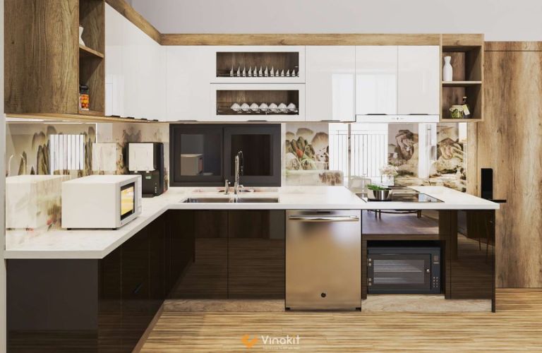 Mẫu tủ bếp gỗ công nghiệp cánh Acrylic Vinakit AV14