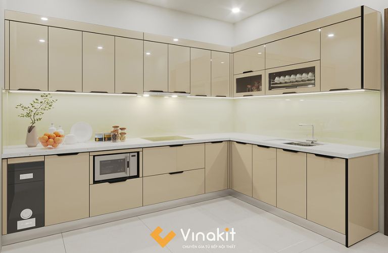 Mẫu tủ bếp Inox cánh kính cường lực CK95