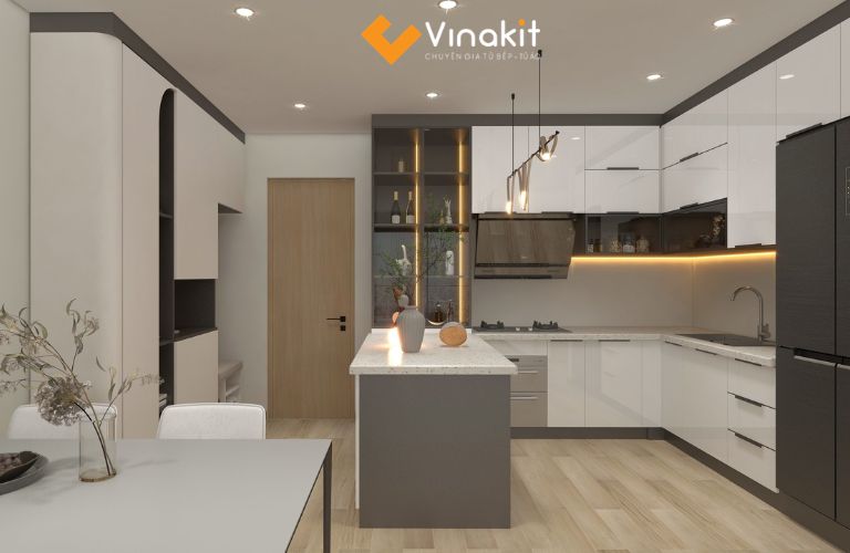 Tủ bếp inox cánh kính chữ U