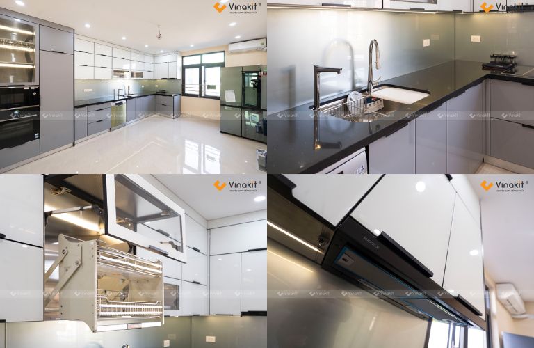 Tủ bếp inox cánh kính kết hợp phụ kiện thông minh