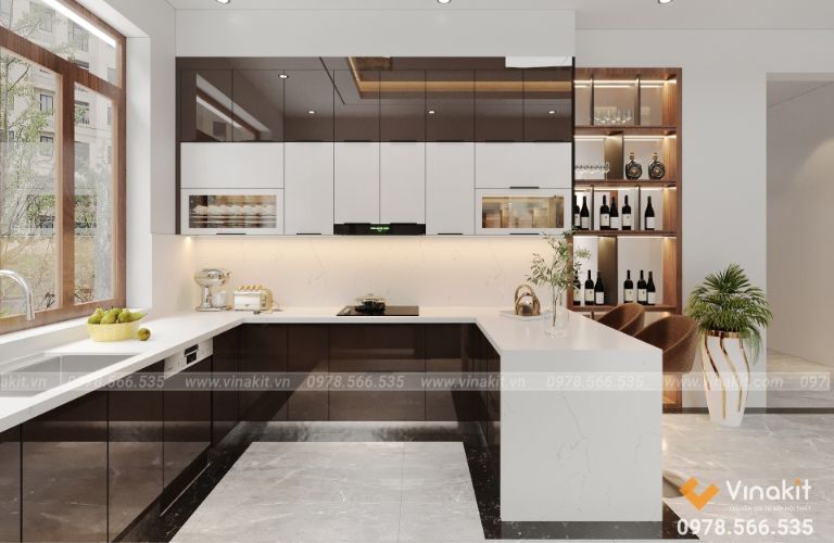 Tủ bếp nhôm tấm cánh kính cường lực CK14