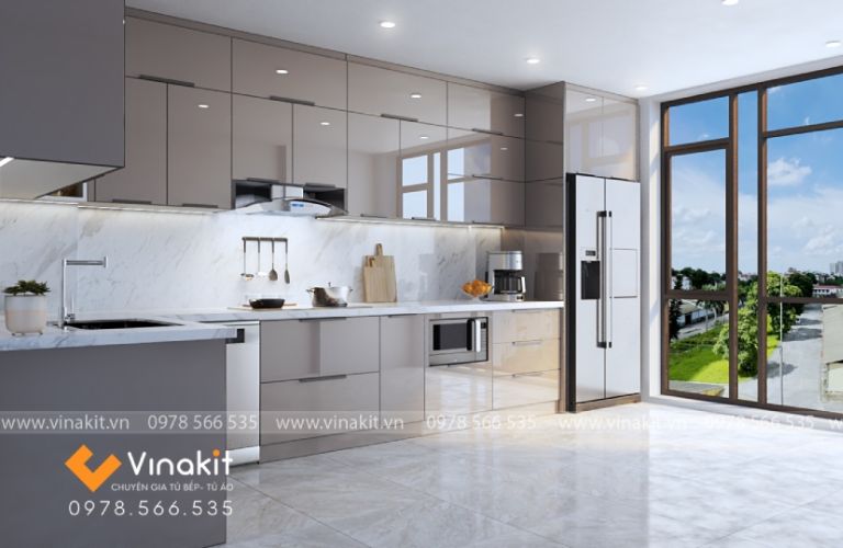 Tủ bếp nhôm tấm cánh kính cường lực CK16