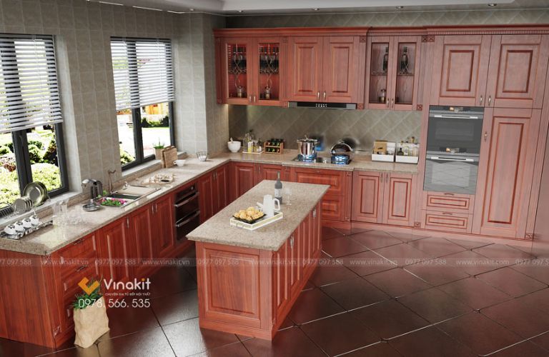 Tủ bếp gỗ gõ đỏ có bàn đảo