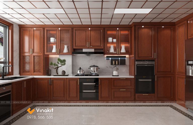Tủ bếp gỗ gõ đỏ chữ U