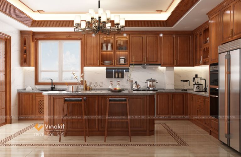 Tủ bếp gỗ gõ đỏ cổ điển