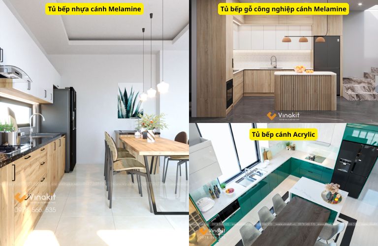 Tủ bếp nhựa, gỗ công nghiệp và cánh Acrylic
