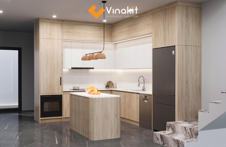 Tủ bếp vân gỗ ấm cúng