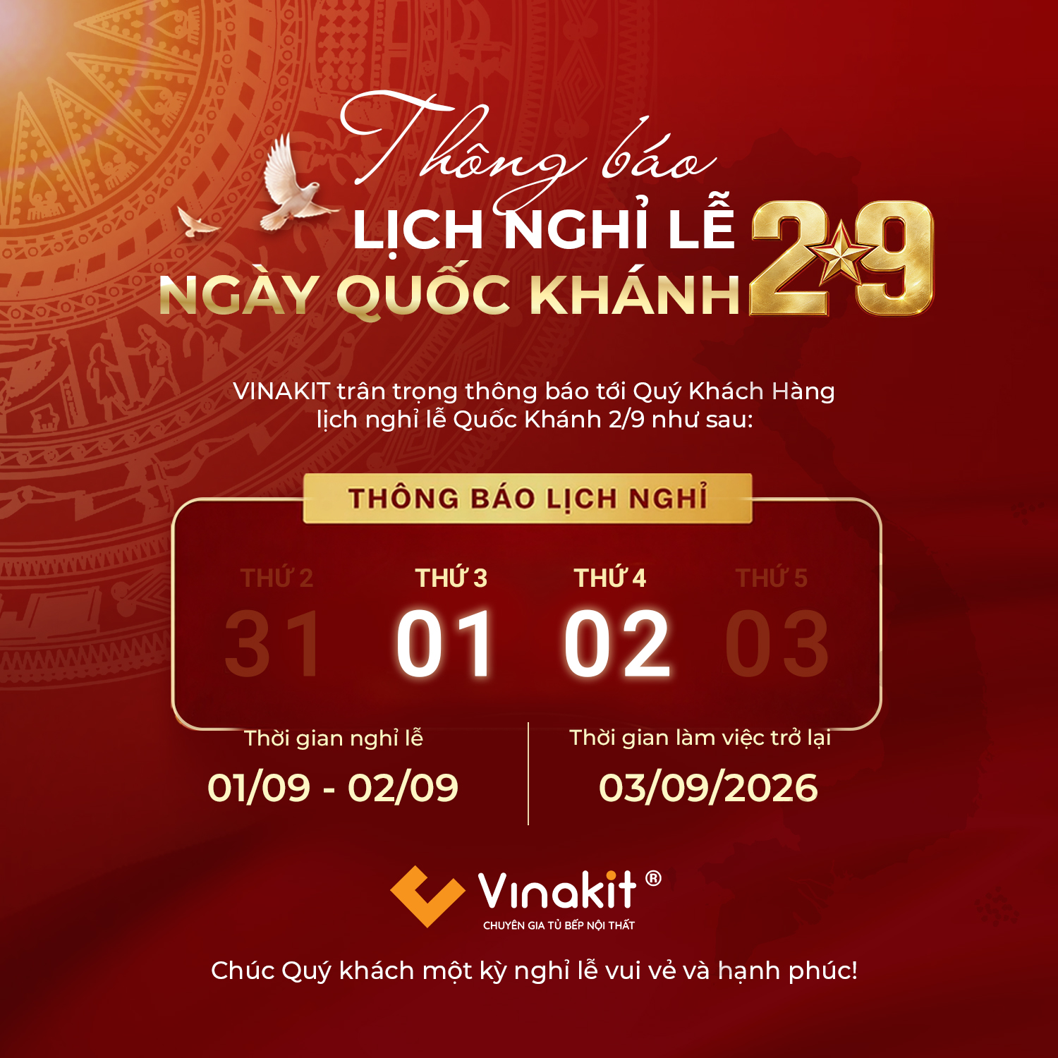 VINAKIT THÔNG BÁO LỊCH NGHỈ LỄ QUỐC KHÁNH 2/9/2026