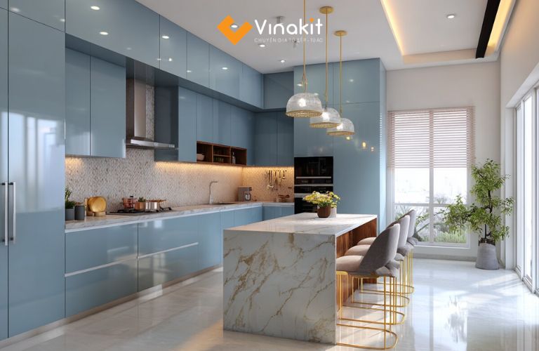 Tủ bếp màu xanh dương cho căn hộ chung cư