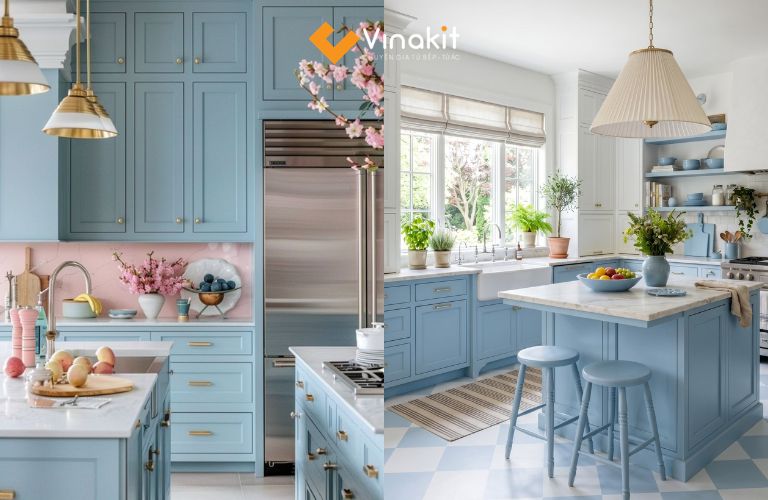 Tủ bếp màu xanh dương pastel