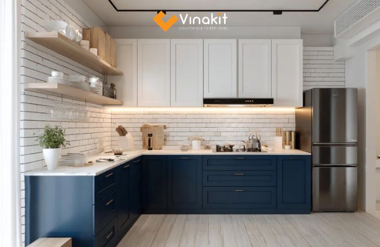 Tủ bếp màu xanh dương kết hợp trắng