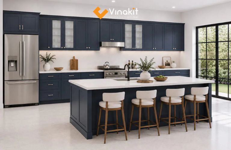 Tủ bếp xanh lam đậm chữ I