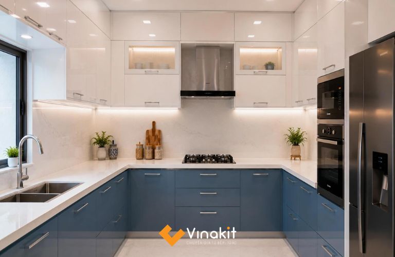 Tủ bếp xanh lam phối trắng