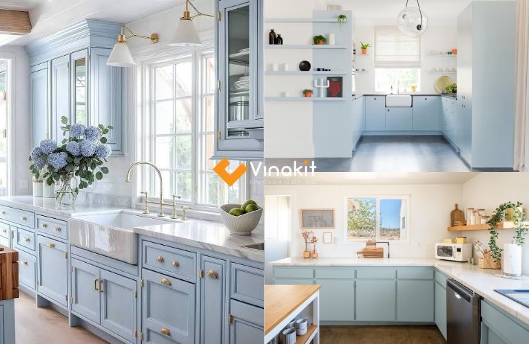 Tủ bếp xanh lam pastel
