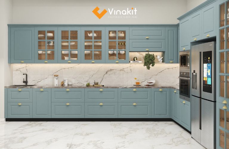 Tủ bếp xanh lam pastel